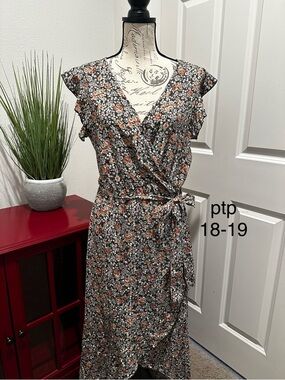 Brown Floral Wrap Midi Dress with Peach and White Blooms